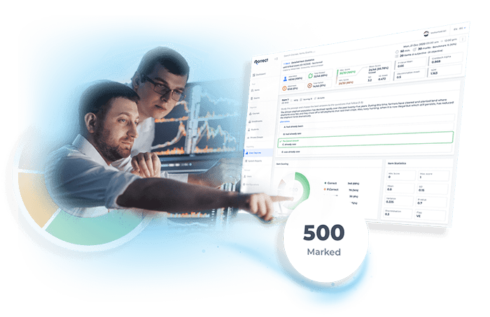 Two men are pointing to big interface to check the results of exam marking
