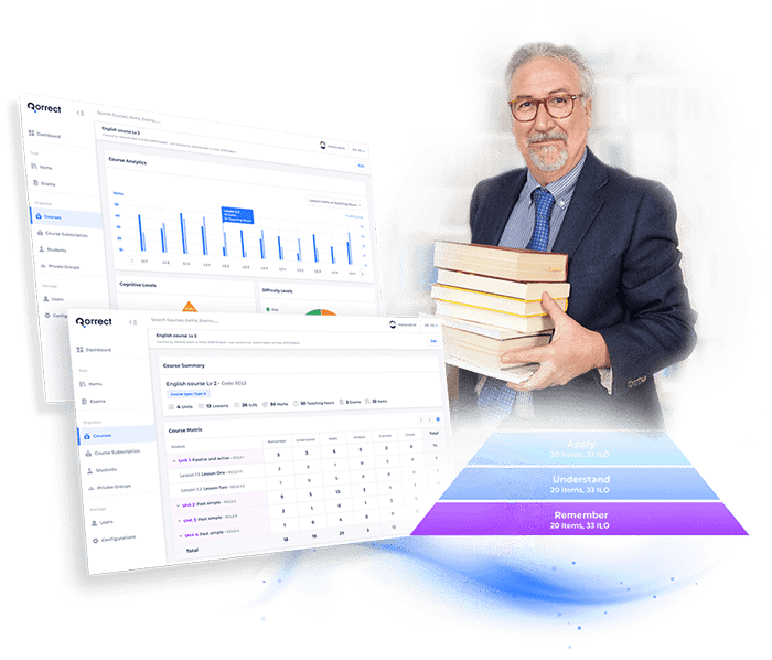 University professor carrying books next to assessment system interface