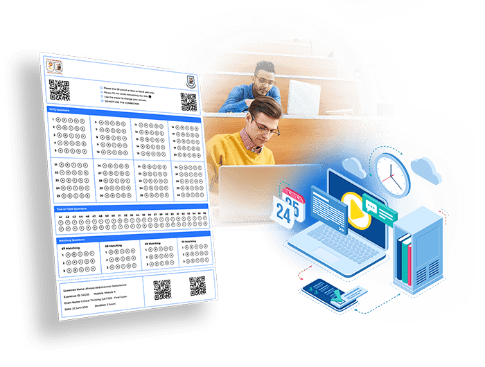 Students next to bubble sheet