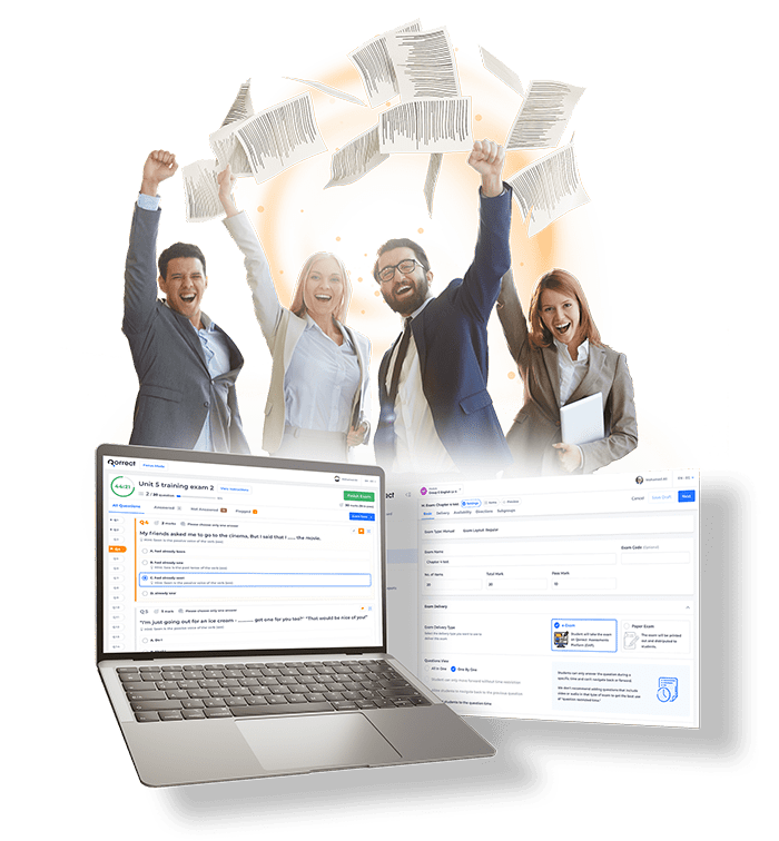 Happy people raising their hands celebrating success and assessment software interface