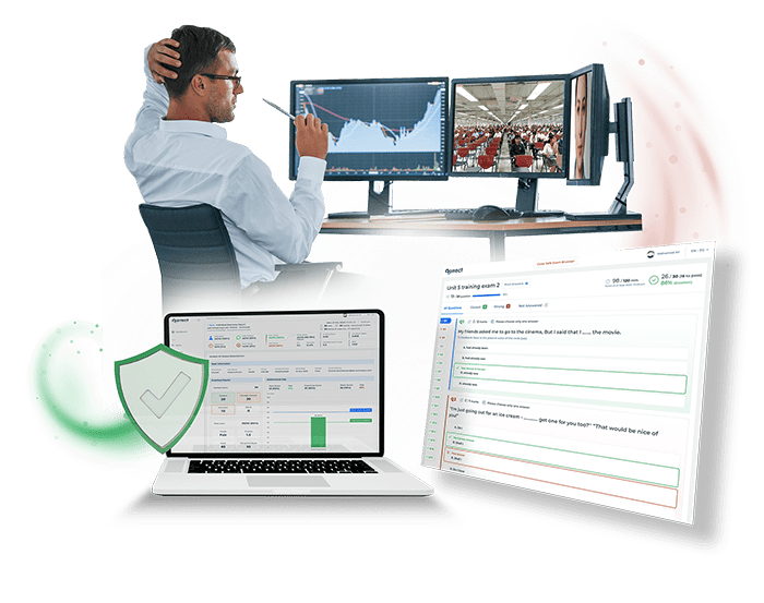 Man using multiple computer monitors and laptop showing assessment software 