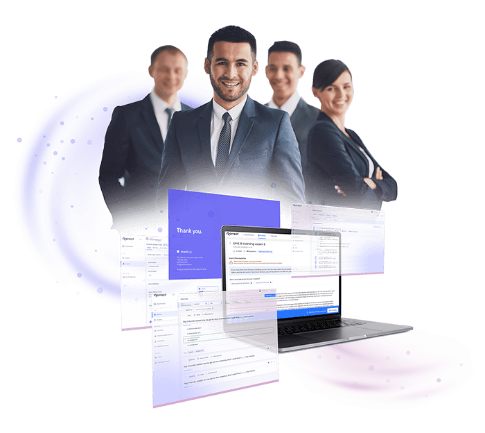 People wearing formal clothes and screenshots of item bank 