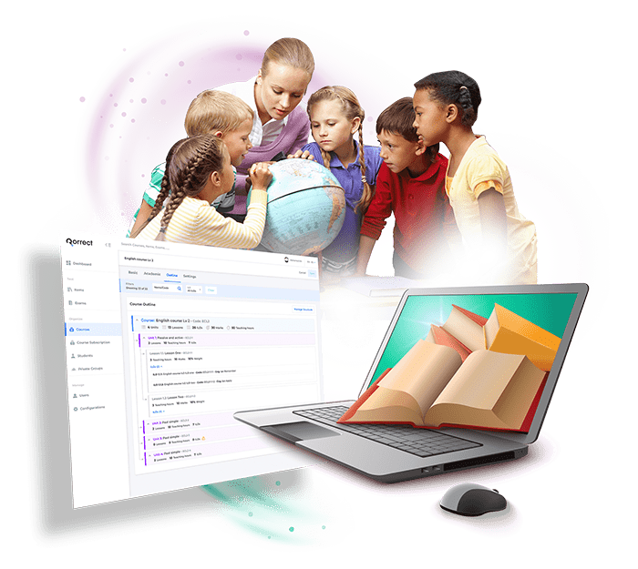 Teacher and group of students next to k-12 assessment software interface