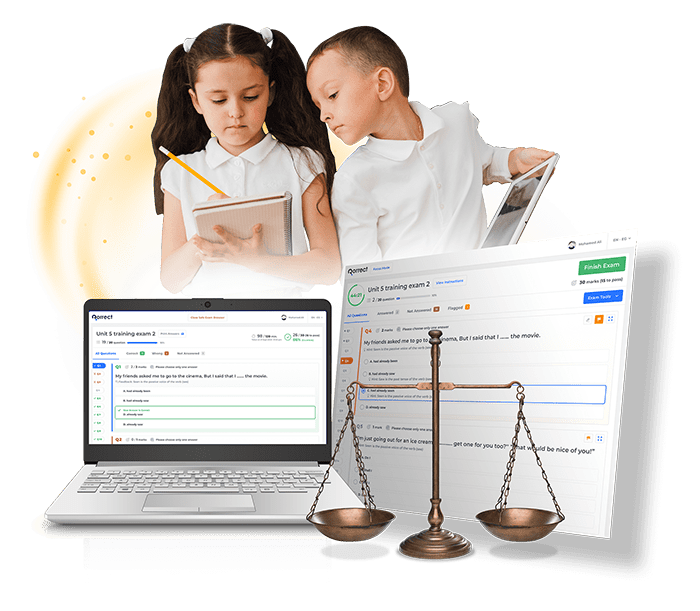 Two students behind laptop that runs k-12 assessment system