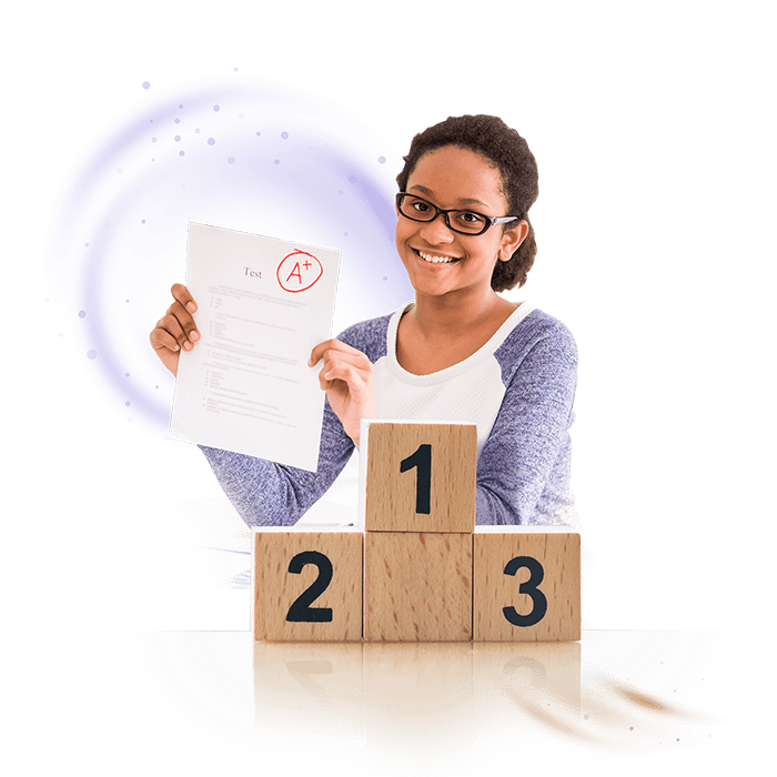 Student raising her test paper with A+ grade