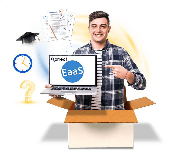 Man inside a box and holding laptop